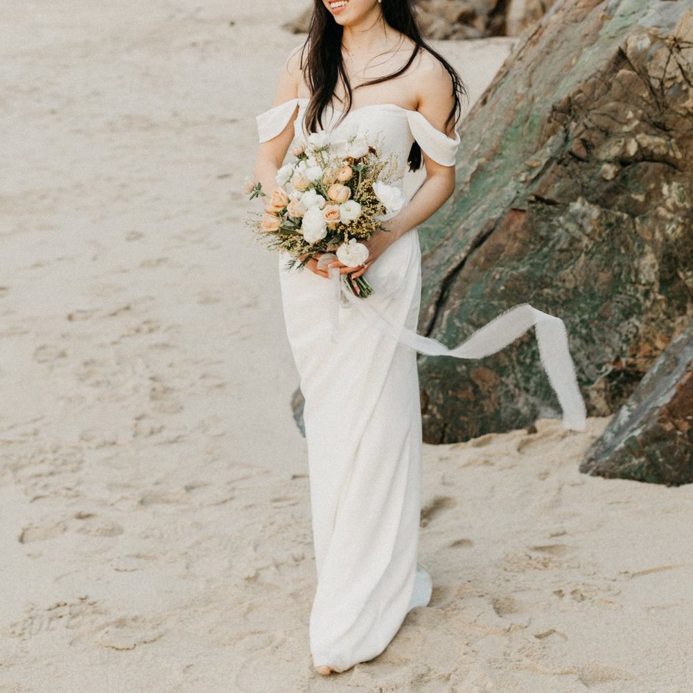 Draped Off The Shoulder Sheath Wedding Dress Size 4